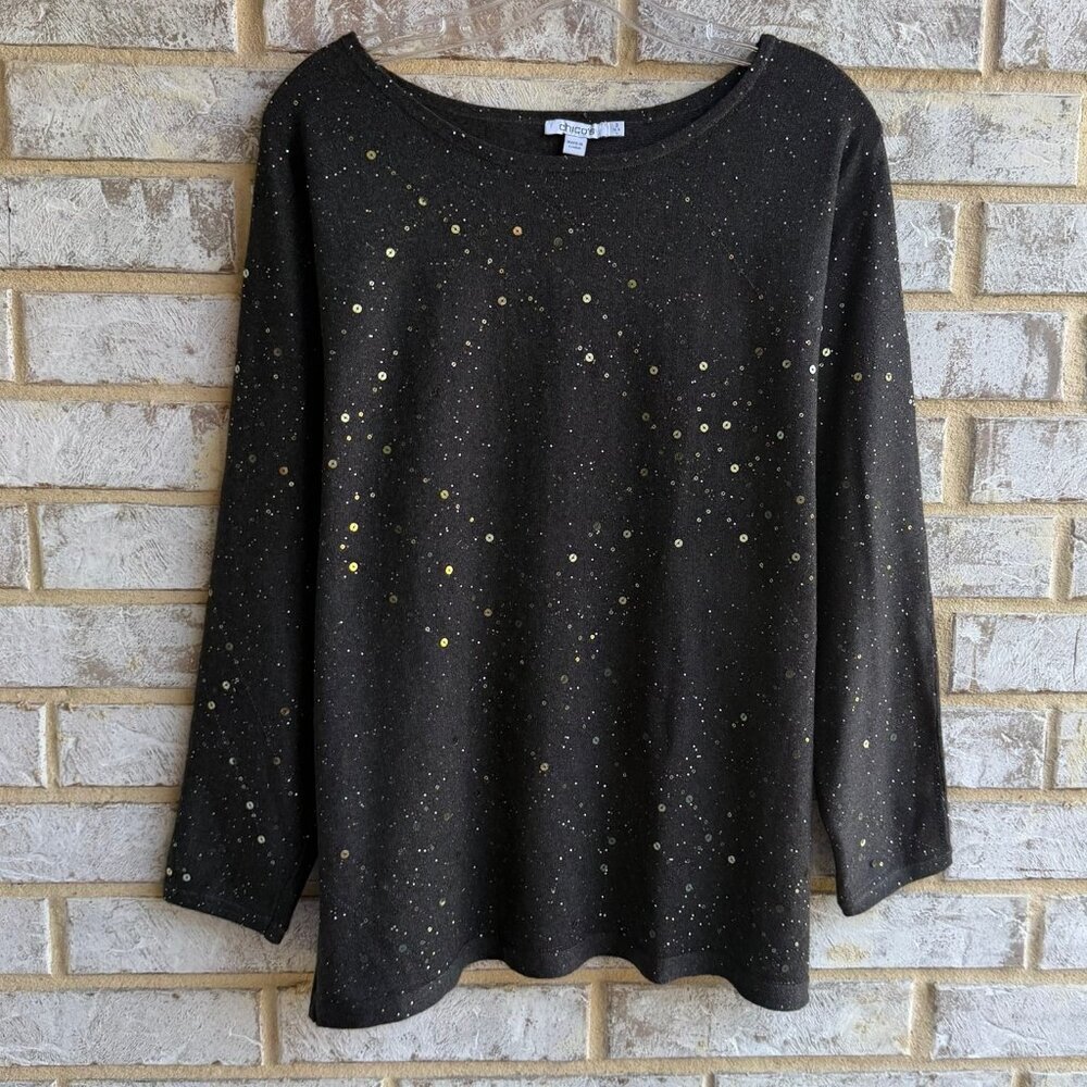 Chico's Dolman Long Sleeve Round Neck Gray Sequins Sweater Women's Size 2 (L)